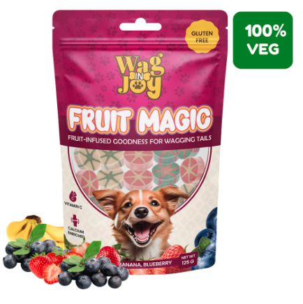 WAG IN JOY Fruit Magic Veg Treats for Dogs | Vitamin C, Calcium Enriched | Gluten Free | Mix Fruit, Strawberry, Blueberry & Banana Flavour, 125 Gm