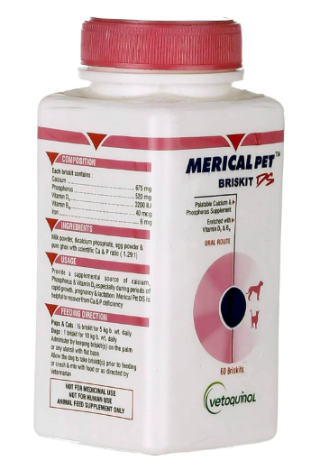 Vetoquinol Pawstively Pet Care Merical Briskit Calcium and Phosphorus Dog Supplement 60 Tablets
