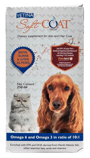 Vetina Soft Coat Dietry Supplement for Skin and Hairs Coat Omega 6 and Omega 3 in Ratio of 10:1 Fish Oil 200ml (Pack of 2)