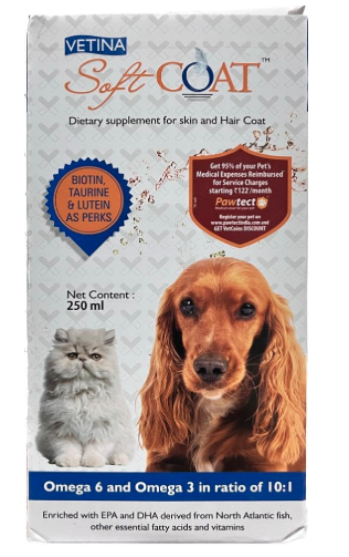 Vetina Soft Coat Dietry Supplement for Skin and Hairs Coat Omega 6 and Omega 3 in Ratio of 10:1 Fish Oil 250ml