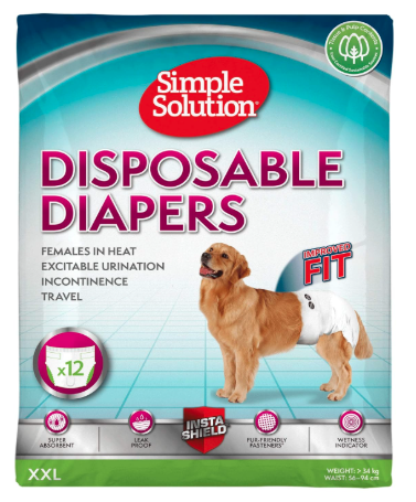 Simple Solution True Fit Disposable Dog Diapers for Female Dogs, Super Absorbent with Wetness Indicator, Leak Proof XXL Size 56-94cm Waist (12 Pack)