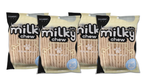 Dogaholic Milky Chew Stick Style Dog Treats Pack of 4, Milk-Flavoured Rawhide Chews for Dogs of All Ages and Sizes 30 Sticks Per Pack