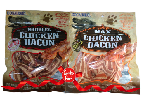 Dogaholic Snacks Combo Pack for Dogs Treats with Smoked Noodles and Chicken Bacon Strips, Low Fat Easy to Digest Natural Dog Treats with Vitamin E