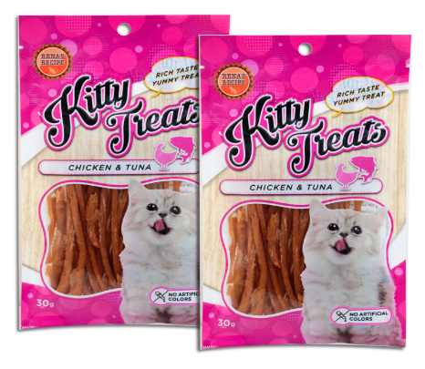 Rena Kitty Soft Cat Treats, Tuna and Chicken Stripes for Cats, Protein and Fiber Rich Snack Pack of 2, Each 30g