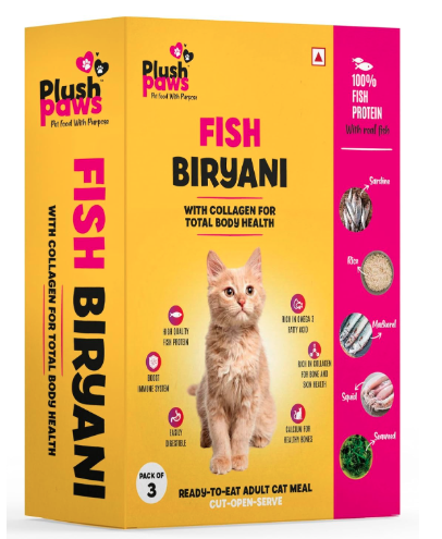 Plushpaws Fish Biryani Cat Food 300gm | High Protein with Added Collagen | Supports Skin, Coat & Joints | Human Grade Natural Ingredients (Pack of 3)
