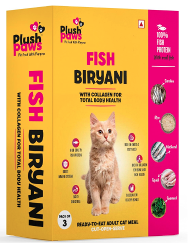 Plushpaws Fish Biryani Cat Food 300gm | High Protein with Added Collagen | Supports Skin, Coat & Joints | Human Grade Natural Ingredients (Pack of 5)