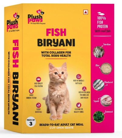 Plushpaws Fish Biryani Cat Food 300gm Pack of 1 | High Protein with Added Collagen | Supports Skin, Coat & Joints