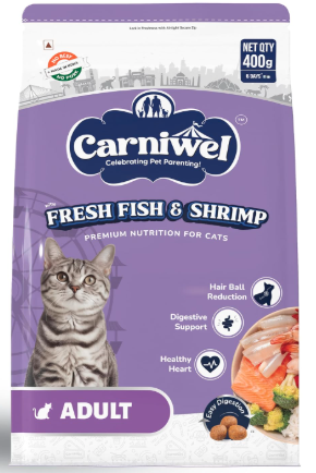 Carniwel Fresh Fish & Shrimp Adult Dry Cat Food 400 gm | Fresh & Natural Ingredients | Highly Palatable | Supports Healthy Skin & Glossy Coat | Premium Nutrition for Cats