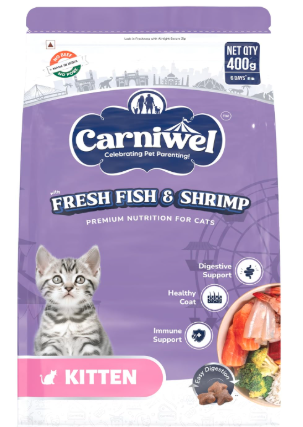 Carniwel Fresh Fish & Shrimp Kitten Dry Cat Food 400 gm | Fresh & Natural Ingredients | Highly Palatable | Supports Healthy Skin & Glossy Coat | Premium Nutrition