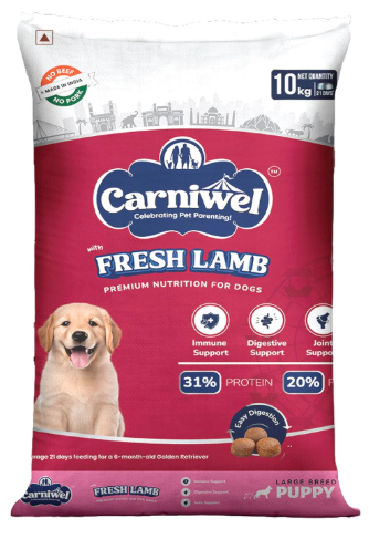 Carniwel Fresh Lamb Puppy Dry Dog Food 10 Kg | Natural Ingredients for Healthy Skin & Coat | Highly Palatable | Supports Brain & Muscle Development | Tailored, Premium Nutrition for Large Dogs