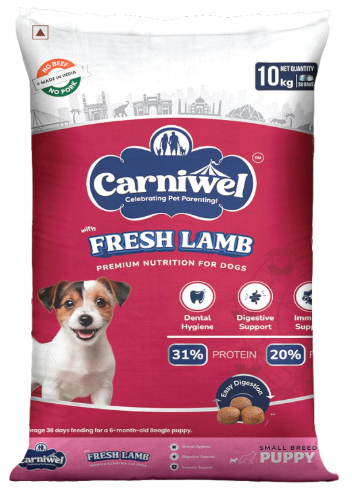 Carniwel Fresh Lamb Puppy Dry Dog Food 10 Kg | Natural Ingredients for Healthy Muscle & Bone | Highly Palatable | Boosts Skin & Coat Health | Premium Nutrition Tailored for Small Dogs