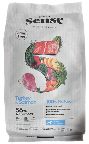 Dibaq Sense Puppy Grain Free Turkey and Salmon 56% Total Meat Complete Hypoallergenic for Puppies 12 to 18 Months (12kg)