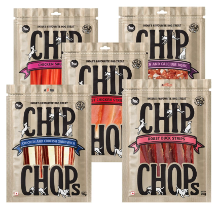 Chip Chop Dog Treats Combo Pack – High Protein Dog Treats & Healthy Dog Snacks, Chicken Strips, Calcium Bone, Codfish Sandwich & Roast Duck Strips, Training Treats 70g Each