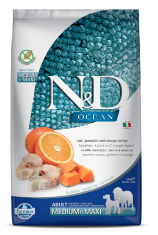 FARMINA N&D Ocean Dog Dry Pet Food, Grain Free, Adult Medium & Maxi Breed, 2.5 Kg, Codfish,Pumpkin & Orange,