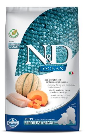 Farmina N&D Ocean Puppy Med/Maxi Dog Food | Cod, Pumpkin & Cantaloupe Melon | Supports Growth & Development | 2.5kg