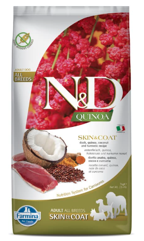 Farmina PET Foods Quinoa Skin and Coat Dry Dog Food, Grain-Free, Adult Breed, 7-kg, Duck Coconut and Turmeric