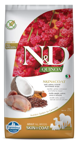 FARMINA N&D Quinoa Skin and Coat Dry Dog Food, Grain-Free, Adult Breed, 7-kg, Quail Coconut and Turmeric