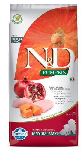 FARMINA PET FOODS N&D Pumpkin Dry Dog Premium Pet Food, Grain Free, Chicken & Pomegranate, Puppy Medium & Maxi Breed, 12 Kg