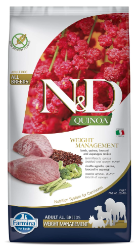 N&D FARMINA PET FOODS Quinoa Weight Management Dry Dog Food, Grain-Free, Adult Breed, 7- Kg, Lamb Broccoli and Asparagus