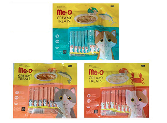 Heads Up For Tails Me-O Creamy Cat Treats All Life Stages Combo - Bonito, Crab, Salmon Flavors - Pack of 20 Sticks Each
