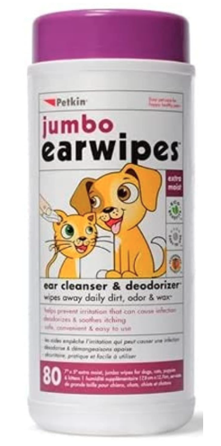 Petkin Jumbo Earwipes for Dogs and Cats, Wipes Away Daily Dirt and Odor, Cleans Ears, Remove Dirt, Odor and Wax, Super Convenient, 80 Petwipes