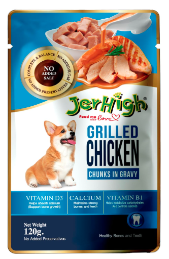 Jerhigh Wet Dog Food, Human Grade High Protein Chicken, Gravy Grilled Chicken (Pack of 48) with Free Gnawlers Calcium Bone (1pc) 22g