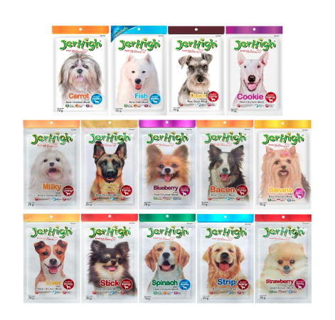 JerHigh Dog Treats Carrot+ Spinach+ Banana +Blueberry +Strawberry +Salami + Bacon +Cookie +Jerky +Duck +Liver +Milk Made Combo 14P,All Life Stages