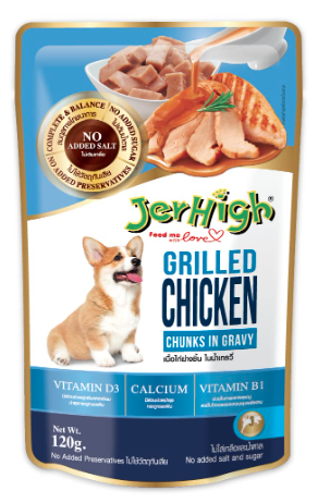 Jerhigh Wet Dog Food, Human Grade High Protein Chicken,Gravy Grilled Chicken (Pack of 108) with Free Gnawlers Calcium Bone (1pc) 22g
