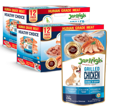 Jerhigh DogsNCats Wet Dog Food, Human Grade High Protein Chicken, Gravy Grilled Chicken (Pack of 24) with Calcium Bone (1pc) 22g