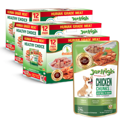 Jerhigh Wet Dog Food, Human Grade High Protein Chicken, Gravy Chicken & Vegetable (Pack of 36) with Calcium Bone (1pc) 22g