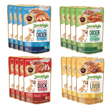 JerHigh Dog Wet Food Combo Pack, Chicken, Liver, Vegetable, Grilled, Roasted Duck in Gravy, Assorted (4pc Each x 120 g) (Pack of16) (All Life Stages)