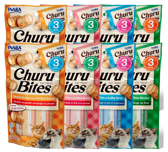 Inaba Churu Bites for Cats, Grain-Free, Soft/Chewy Baked Chicken Wrapped Cat Treats with Savory Churu Centers, 4 Flavour Variety Packs (2 Each)