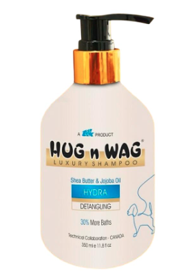 Hug n Wag Luxury Shampoo ? Hydra for Dogs | Shea Butter & Jojoba Oil | Detangling Benefits | 30% More Baths | 350ml