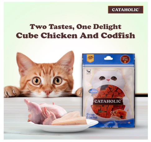 Cataholic Chicken & Fish Treats for Cats and Kittens | Cube Chicken & Codfish Snack | High Protein, Easily Digestible, Healthy Cat Treats 50 gm