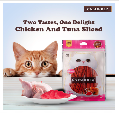 Cataholic Chicken & Tuna Sliced Treats for Cats & Kittens | High Protein, Easily Digestible & Healthy Snacks Treats 50 gm Each(Pack of 3)