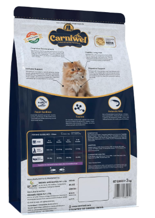 Carniwel Persian Kitten Dry Cat Food with Antarctic Krill | 3X Healthy Skin & Coat | Easy Digestion & Hairball Reduction, 3Kg