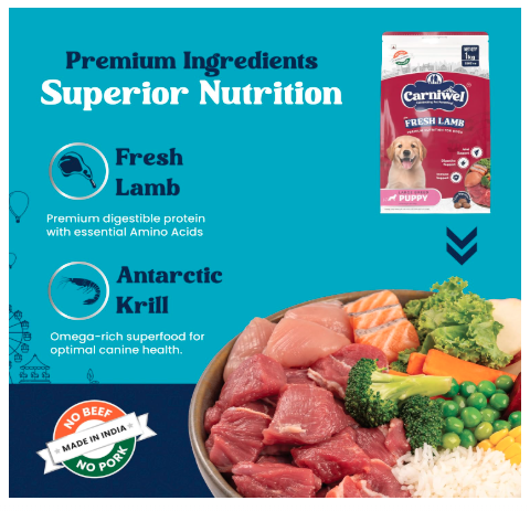 Carniwel Fresh Lamb Puppy Dry Dog Food 1 Kg | Natural Ingredients for Healthy Skin & Coat | Highly Palatable | Supports Brain & Muscle Development