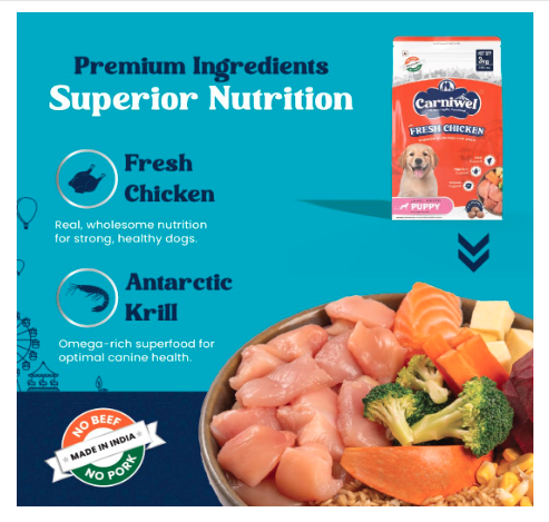 Carniwel Fresh Chicken Puppy Dry Dog Food 3kg | Natural Ingredients for Healthy Skin & Coat | Highly Palatable | Supports Brain & Muscle Development