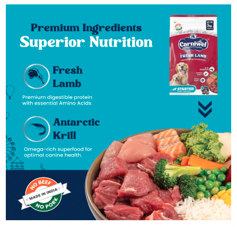 Carniwel Fresh Lamb Starter Dry Dog Food 3 Kg | Natural Ingredients for Easy Weaning | GMO-Free | Highly Palatable | Immune & Lactation Support