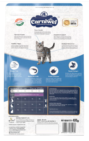 Carniwel Ocean Fish & Antarctic Krill Adult Dry Cat Food 400 gm | Fresh & Natural Ingredients | Highly Palatable | Supports Healthy Skin & Glossy Coat