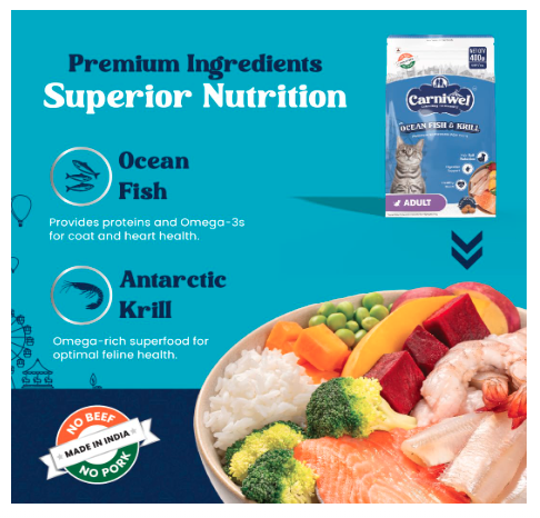 Carniwel Ocean Fish & Antarctic Krill Adult Dry Cat Food 400 gm | Fresh & Natural Ingredients | Highly Palatable | Supports Healthy Skin & Glossy Coat