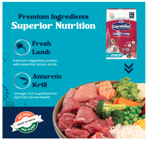 Carniwel Fresh Lamb Starter Dry Dog Food 3 kg | Natural Ingredients for Easy Weaning | GMO-Free | Highly Palatable | Immune & Lactation Support