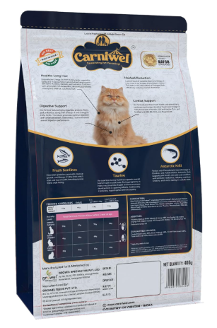 Carniwel Persian Adult Dry Cat Food with Antarctic Krill | 3X Healthy Skin & Coat | Easy Digestion & Hairball Reduction, 400 gm