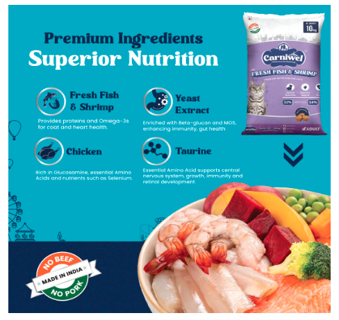 Carniwel Fresh Fish & Shrimp Adult Dry Cat Food 10 Kg | Fresh & Natural Ingredients | Highly Palatable | Supports Healthy Skin & Glossy Coat