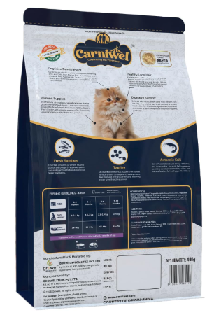Carniwel Persian Kitten Dry Cat Food with Antarctic Krill | 3X Healthy Skin & Coat | Easy Digestion & Hairball Reduction, 400gm