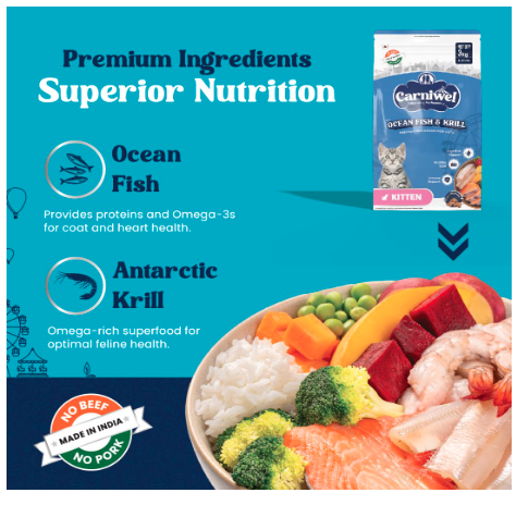 Carniwel Ocean Fish & Antarctic Krill Kitten Dry Cat Food 3kg | Fresh & Natural Ingredients | Highly Palatable | Supports Healthy Skin & Glossy Coat