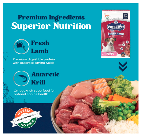 Carniwel Fresh Lamb Puppy Dry Dog Food 1 Kg | Natural Ingredients for Healthy Muscle & Bone | Highly Palatable | Boosts Skin & Coat Health