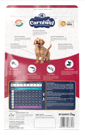 Carniwel Fresh Lamb Puppy Dry Dog Food 3 Kg | Natural Ingredients for Healthy Skin & Coat | Highly Palatable | Supports Brain & Muscle Development