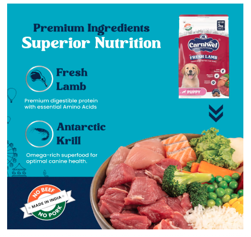 Carniwel Fresh Lamb Puppy Dry Dog Food 3 Kg | Natural Ingredients for Healthy Skin & Coat | Highly Palatable | Supports Brain & Muscle Development