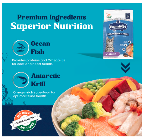 Carniwel Ocean Fish & Antarctic Krill Adult Dry Cat Food 1 kg | Fresh & Natural Ingredients | Highly Palatable | Supports Healthy Skin & Glossy Coat